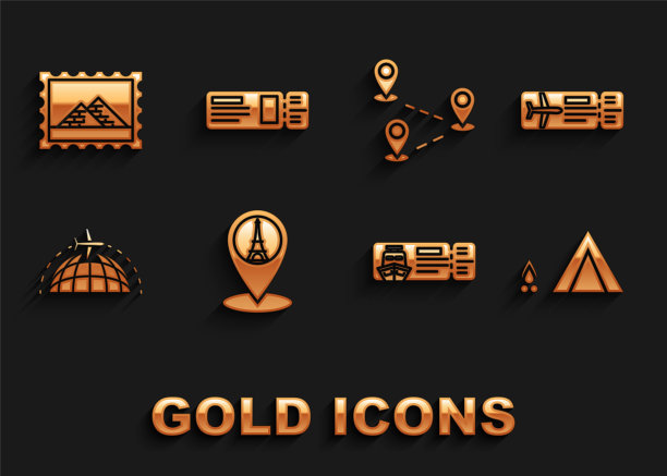 集地图指针与埃菲尔铁塔，机票，旅游帐篷柴火，游轮旅行的船，全球飞行的飞机，路线位置，邮政邮票和埃及金字塔和旅游图标。向量图片下载