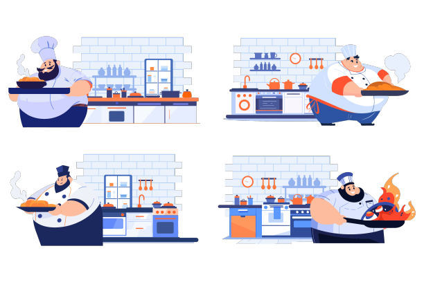手绘厨师正在厨房里做饭图片下载