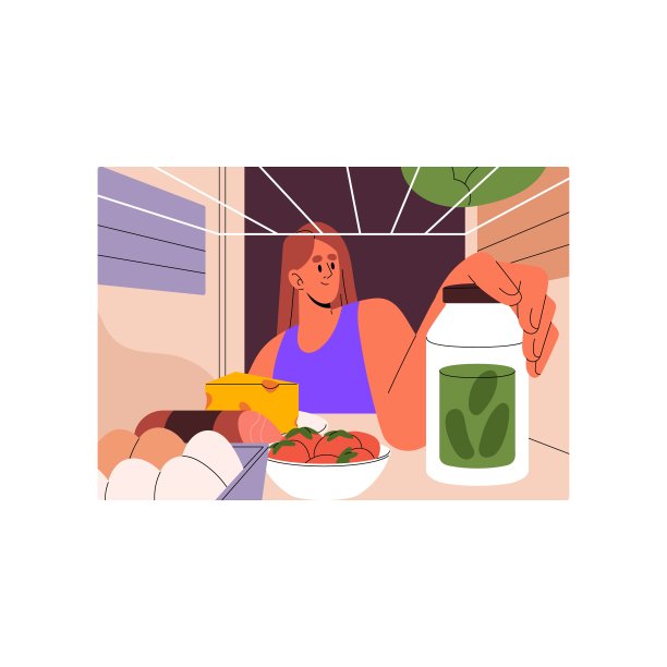 年轻女子在看冰箱里面的东西。女孩打开冰箱，里面有很多可供选择的食物。女性选择吃的东西，家里厨房里架子上的食材。平面矢量图图片下载