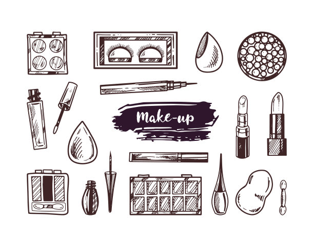 一套手绘涂鸦草图的化妆品，美容，自我护理的元素。为美容院、化妆品店、彩妆设计插画。雕刻的形象。图片下载