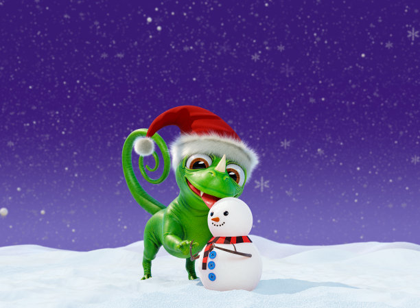 有趣的龙，恐龙或蜥蜴的角色。2024年的新年吉祥物。圣诞横幅上有一条可爱的卡通绿龙和一个雪人在冬天下雪的背景。三维渲染图片下载
