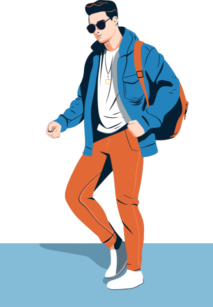 一个穿着蓝色夹克背着背包的年轻人图片下载