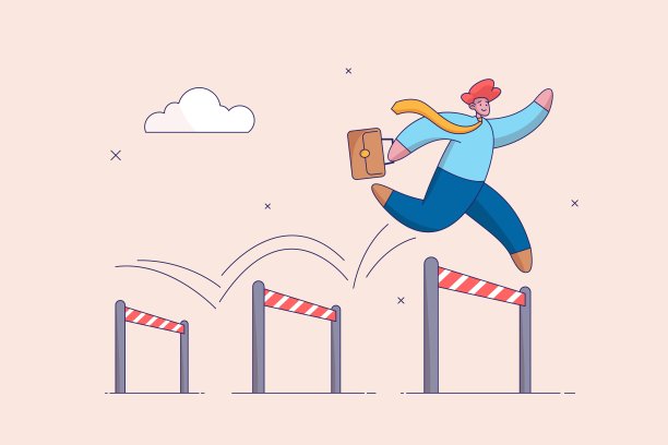 解决问题的能力或愿望。商业挑战，克服困难或障碍，取得商业成功，努力。雄心勃勃的商人跳过障碍。图片下载