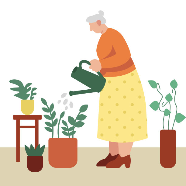 一位女士站在花旁边给花浇水。老年人，老年人花时间在家里图片下载