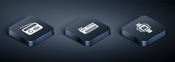 设置等距无线电天线，手表和音乐合成器图标。向量图片下载