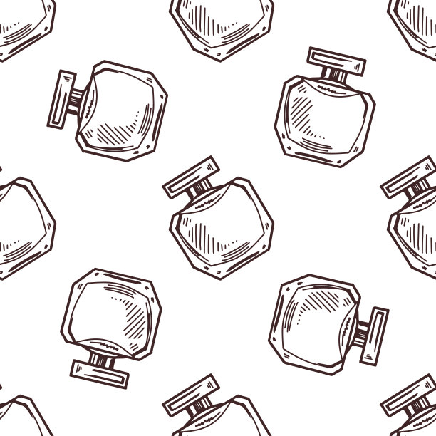 无缝图案手绘涂鸦香水瓶，美容美容元素，自我护理。为美容院、化妆品店、彩妆设计插画。涂鸦写生风格图片下载