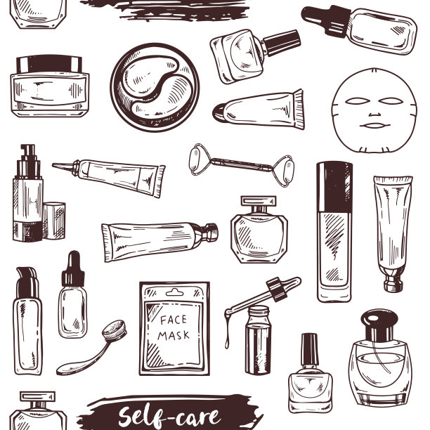 无缝图案手绘涂鸦化妆品，美容，自我保健的元素。为美容院、化妆品店、彩妆设计插画。雕刻的形象。图片下载