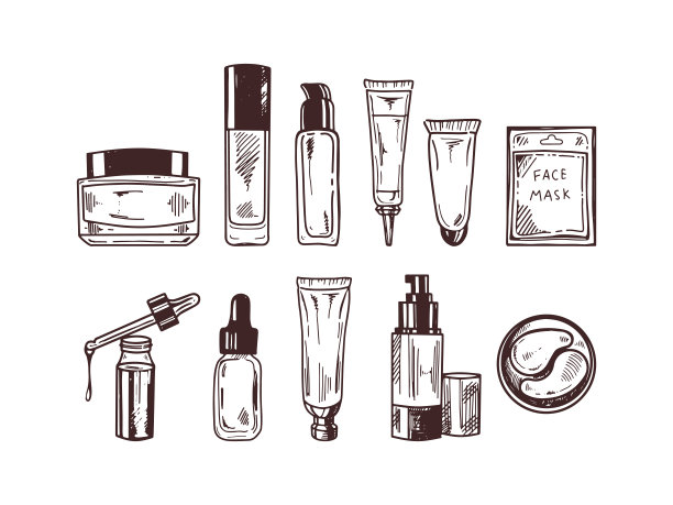 一套手绘涂鸦草图的化妆品，美容，自我护理的元素。为美容院、化妆品店、彩妆设计插画。雕刻的形象。图片下载