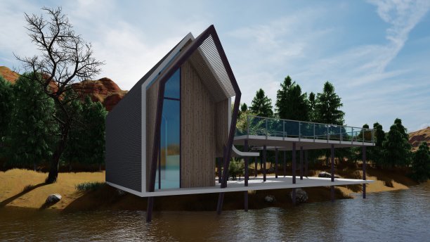 北欧3型咖啡厅风格，大阳台和湖景，被自然包围，3D设计。图片下载