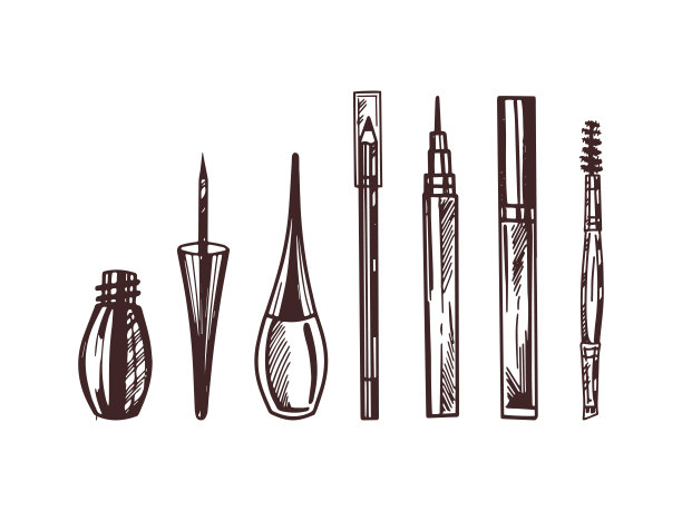 一套手绘涂鸦草图的化妆品，美容，自我护理的元素。为美容院、化妆品店、彩妆设计插画。雕刻的形象。图片下载