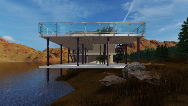 北欧3型咖啡厅风格，大阳台和湖景，被自然包围，3D设计。图片下载