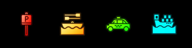 集停车，船与桨，出租车汽车和货船箱图标。向量图片下载