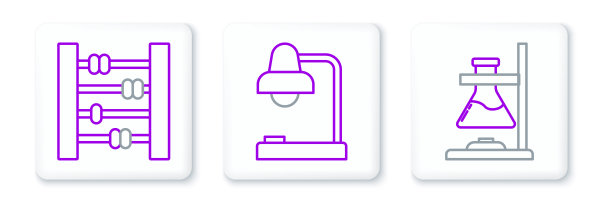 设置线玻璃试管烧瓶火，算盘和台灯图标。向量图片下载