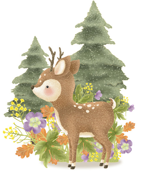 卡通鹿，被野花和森林松树包围。可爱的林地动物插画图片下载