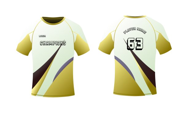 运动t恤模型。平面，彩色，t恤模板前后视图，球员姓名模型，号码63，运动t恤模型。矢量图标图片下载