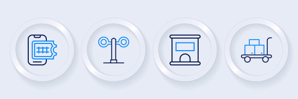 集线路电车行李箱、售票处购票、列车红绿灯和网上订票图标。向量图片下载