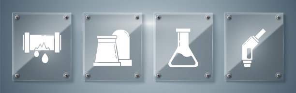 汽油泵喷嘴，试管和烧瓶，石油和天然气工业厂房和漏水的破碎金属管道。方形玻璃板。向量图片下载