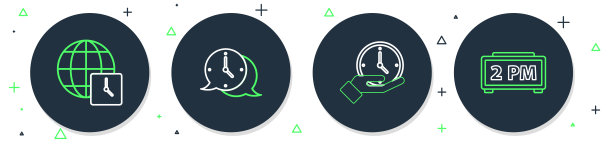 设置线路时钟语音气泡，世界时间和数字闹钟图标。向量图片下载