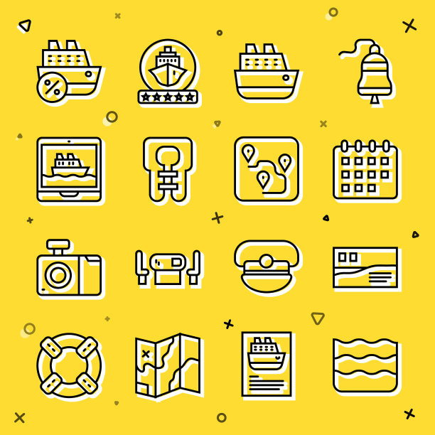 设置线波，明信片旅游，日历，游轮，救生衣，和路线位置图标。向量图片下载