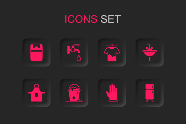 集桶泡沫和气泡，水龙头，垃圾桶，橡胶手套，脸盆，冰箱，干衣服和厨房围裙图标。向量图片下载