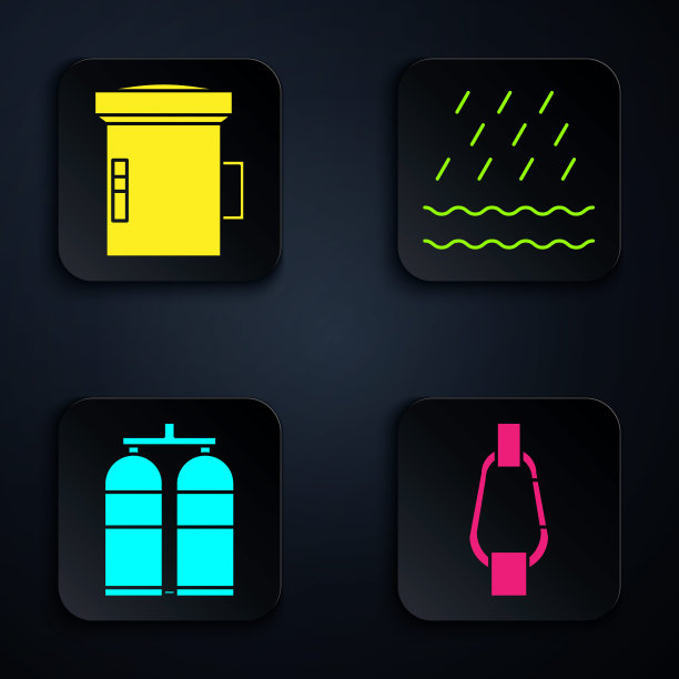 设置锁扣，潜水员用的大手电筒，潜水器，雨水和海浪。黑色方形按钮。向量图片下载