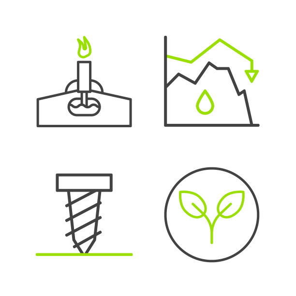 设置线生物燃料，旋转钻机挖洞，原油价格下降和石油钻机与火的图标。向量图片下载
