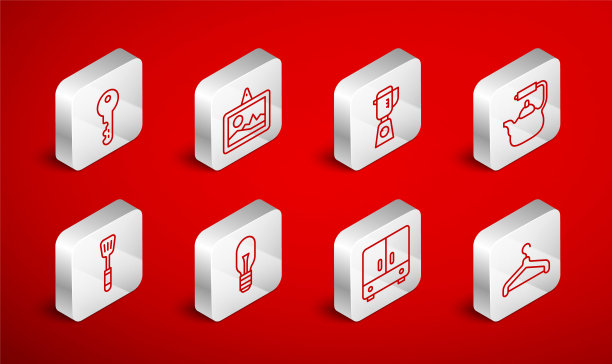 设置线衣架衣柜，图片，搅拌机，水壶与手柄，衣柜，房子钥匙，灯泡和抹刀图标。向量图片下载