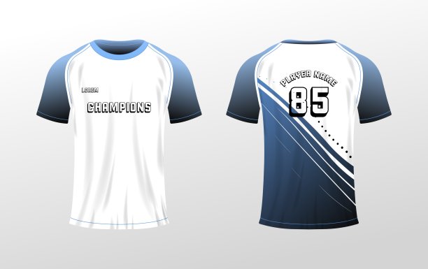 运动t恤模型。平面，彩色，t恤模板前后视图，球员姓名模型，85号，运动t恤模型。矢量图标图片下载