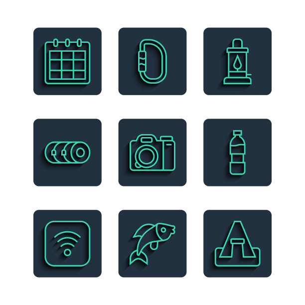 设置线Wi-Fi无线网络，鱼，旅游帐篷，露营灯，照相机，毯子卷，日历和瓶装水图标。向量图片下载