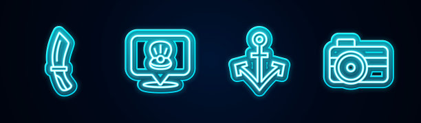 潜水刀、扇贝、锚、相机。发光的霓虹灯图标。向量图片下载
