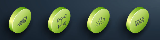 设置等距线汽车前灯，底盘汽车，镜子和音频图标。向量图片下载