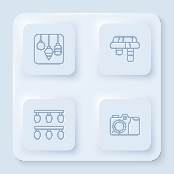 设置线圣诞灯，冬季围巾，和照相机。白色方形按钮。向量图片下载