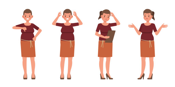 一套职业妇女穿红色衬衫的颜色矢量字符设计。呈现在各种动作中。在办公室工作的人进行规划、思考和经济分析。图片下载