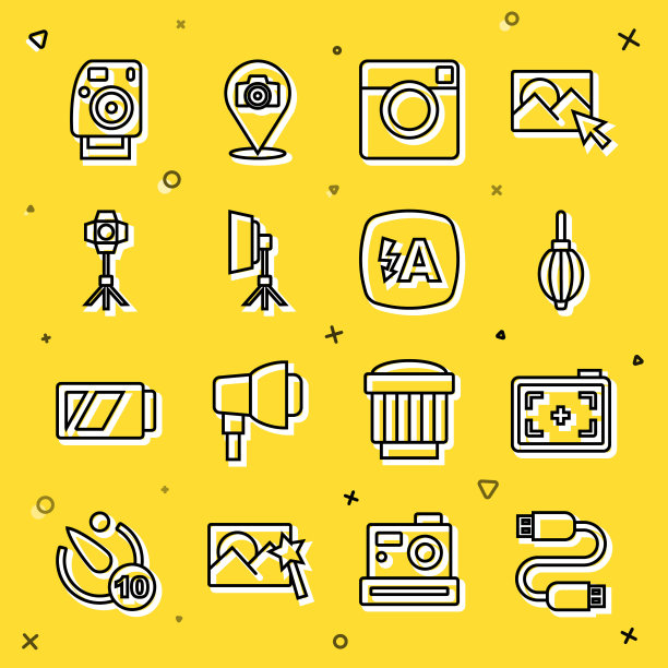 设置线USB连接线，相机，风机，软箱灯，和自动闪光图标。向量图片下载