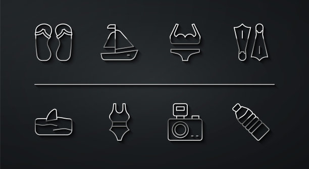 套线人字拖，鲨鱼鳍在海浪，橡胶鳍游泳，照相机闪光灯，泳衣，游艇帆船，瓶装水和图标。向量图片下载