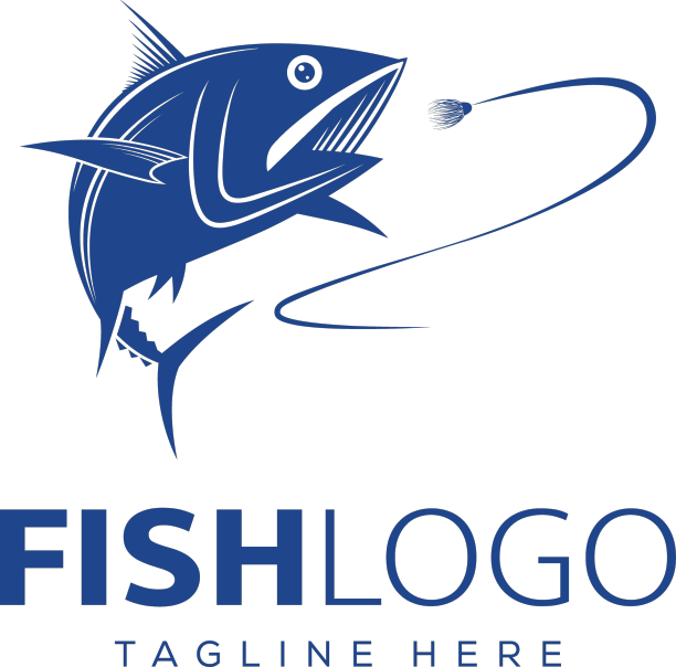 独特的钓鱼标志设计模板和鱼图标图片下载