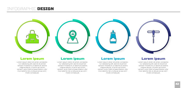 设置厨房围裙，野餐地点，酱汁瓶和葡萄酒开瓶器。业务信息图表模板。向量图片下载