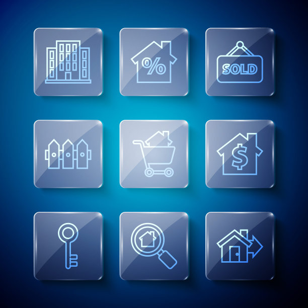 设置线房子钥匙，搜索房子，出售，文字出售的悬挂标志，购物车，花园围栏木制，和美元符号图标。向量图片下载