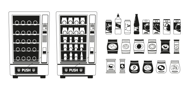 与零食和饮料的自动售货机黑白图标集。现代设备提供了一系列诱人的零食图片下载