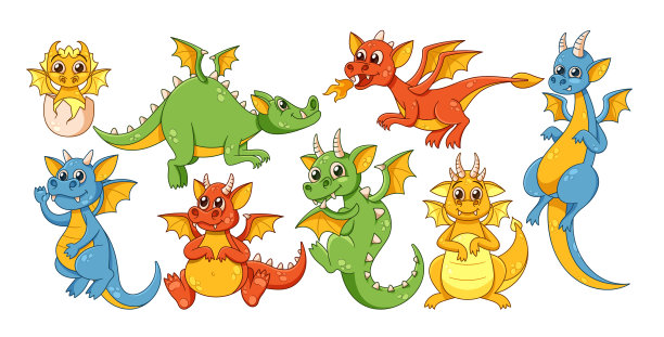 可爱的卡通龙与充满活力的尺度和俏皮的表情。它们异想天开的翅膀扇动着图片下载