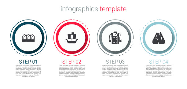 设置挪威木屋，海盗船德拉卡，毛衣和山脉。业务信息图表模板。向量图片下载