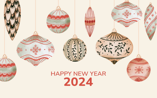 横幅祝2024年新年快乐，还有圣诞舞会。节日设计印刷、纸张。数字水彩插图图片下载