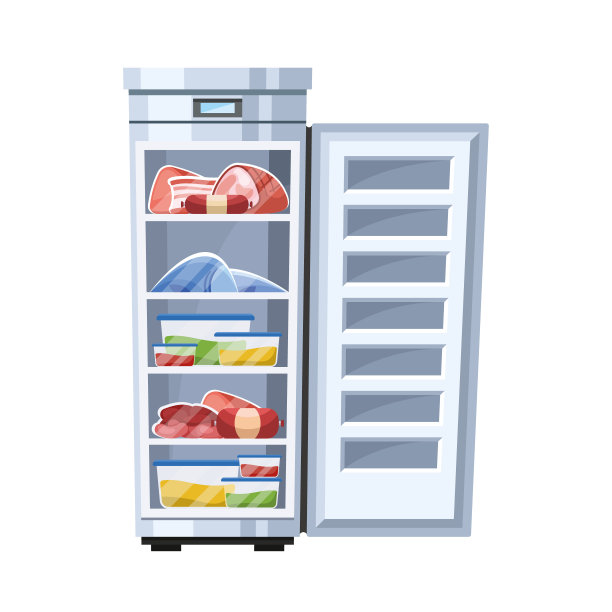 Ajar冰箱由一个带有架子的隔间和一个冷冻区组成，展示了一系列食物图片下载