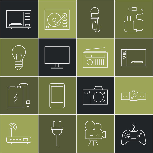 产品系列:游戏手柄，智能手表，平板电脑，麦克风，电脑显示器，灯泡，微波炉和收音机天线图标。向量图片下载