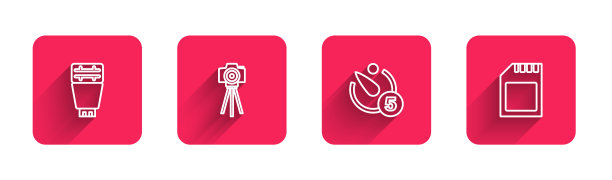 设置线相机闪光灯，相机定时器和长阴影SD卡。红色方块按钮。向量图片下载