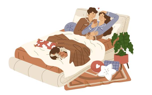 一对年轻夫妇躺在床上看社交媒体。卧室内部有植物。小玩意上瘾。一边看电视剧一边放松。狗睡觉。矢量插图。图片下载