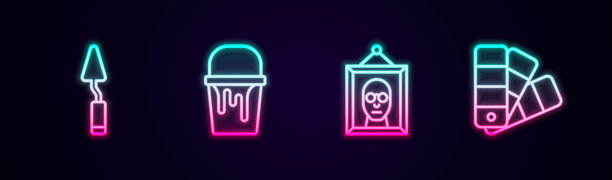 设置线调色刀，油漆桶，图片和调色板指南。发光的霓虹灯图标。向量图片下载