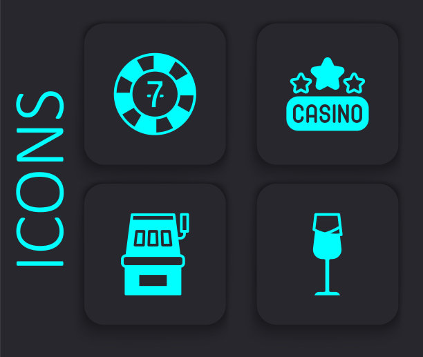 设置酒杯，赌场筹码，招牌和老虎机图标。黑色方形按钮。向量图片下载