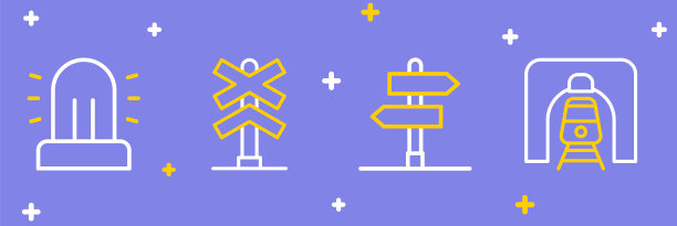 设置铁路隧道列车，道路交通标志，铁路道口和闪光警笛图标。向量图片下载