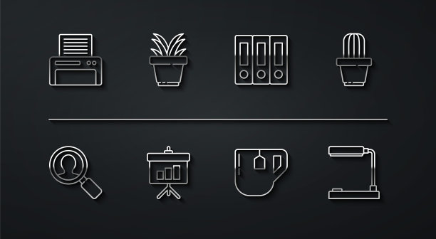 设置线打印机，放大镜搜索的人，仙人掌和多肉壶，茶杯茶包，黑板图，植物，台灯和办公室文件夹图标。向量图片下载